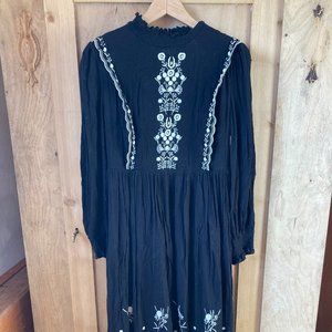 Black High Neck Cotton Dress with Embroidery